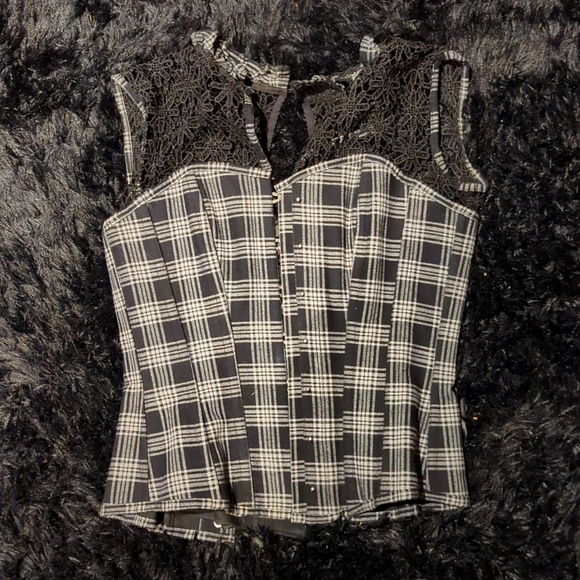 Corset Story Tops - Corset Story Houndstooth and Crochet Corset Top